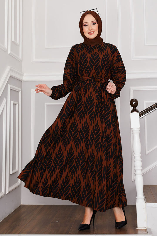 Palm Leaf Pattern Belted Pleated Modest Dress Coffee