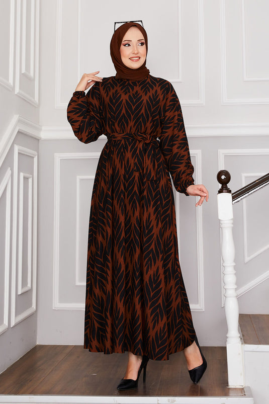 Palm Leaf Pattern Belted Pleated Modest Dress Coffee