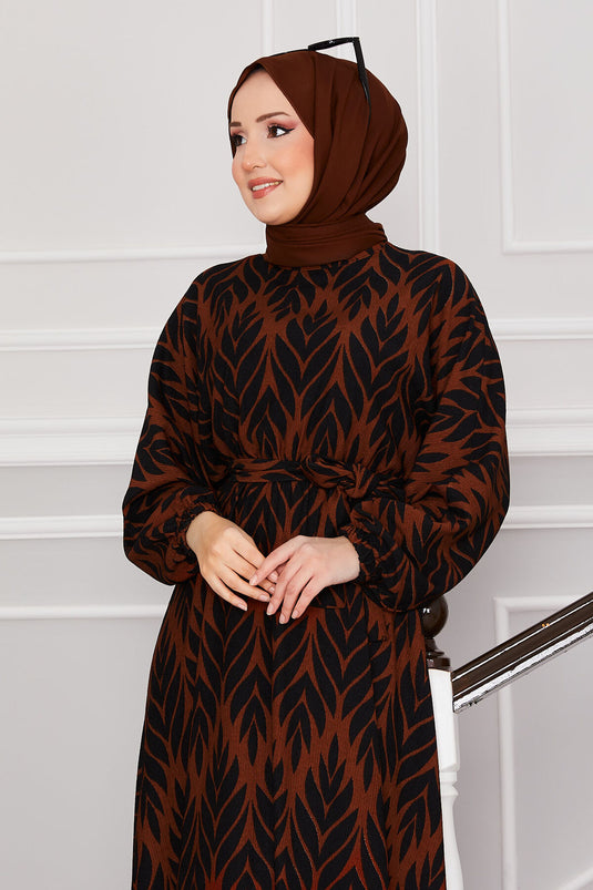 Palm Leaf Pattern Belted Pleated Modest Dress Coffee