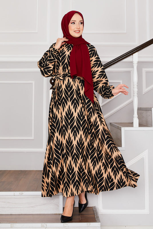 Robe hijab en crêpe avec ceinture et motif palmiers, noire