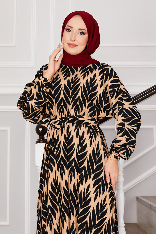 Robe hijab en crêpe avec ceinture et motif palmiers, noire