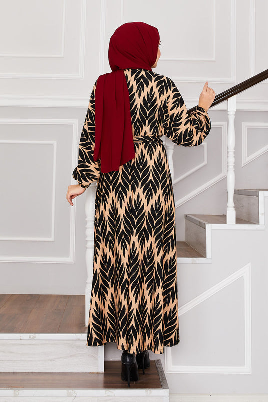 Robe hijab en crêpe avec ceinture et motif palmiers, noire