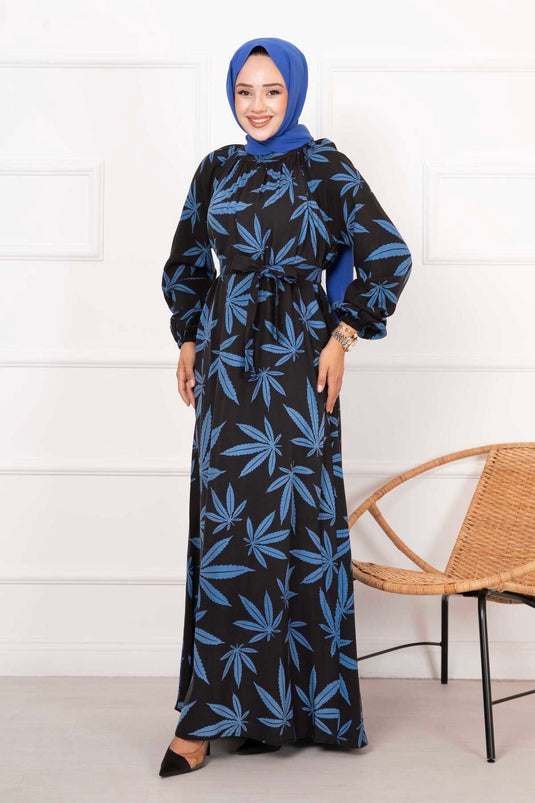 Robe Hijab en Viscose à Motif Palmier Noir-Indigo