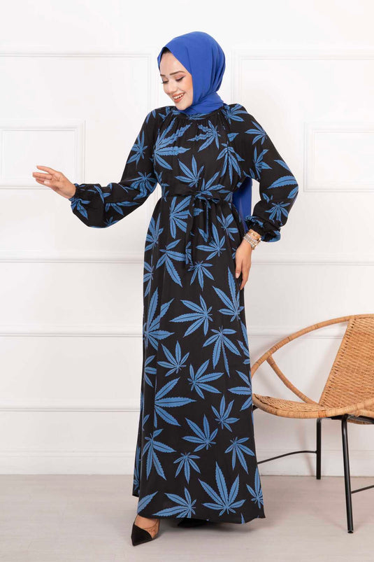 Robe Hijab en Viscose à Motif Palmier Noir-Indigo