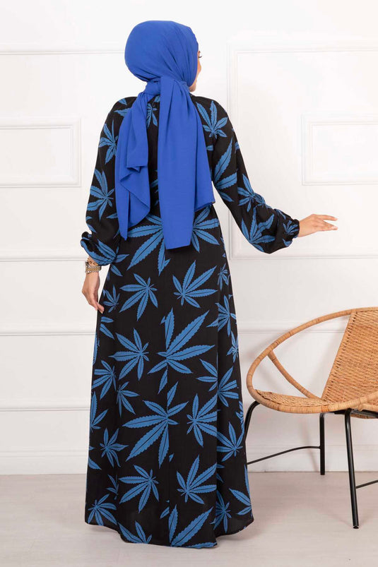 Robe Hijab en Viscose à Motif Palmier Noir-Indigo