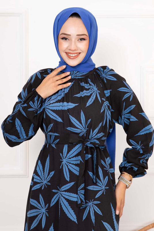 Robe Hijab en Viscose à Motif Palmier Noir-Indigo