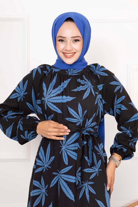 Robe Hijab en Viscose à Motif Palmier Noir-Indigo