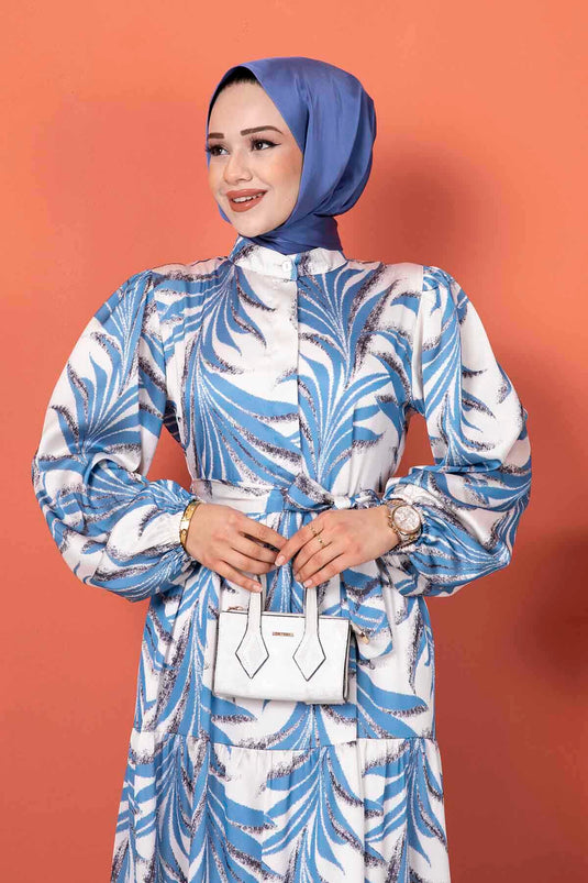 Robe Hijab Longue En Satin À Motifs Palmiers Bleu Clair