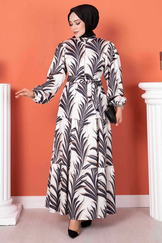 Robe Hijab Longue En Satin À Motifs Palmiers Noir