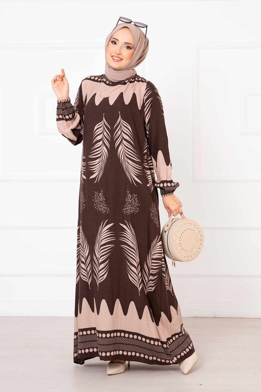 Palm Leaf Patterned Viscose Hijab Dress Brown