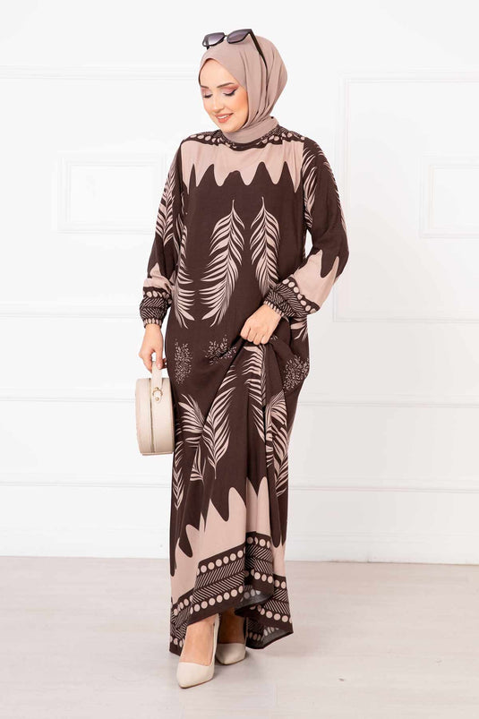 Palm Leaf Patterned Viscose Hijab Dress Brown