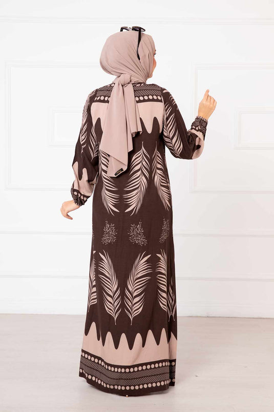 Palm Leaf Patterned Viscose Hijab Dress Brown