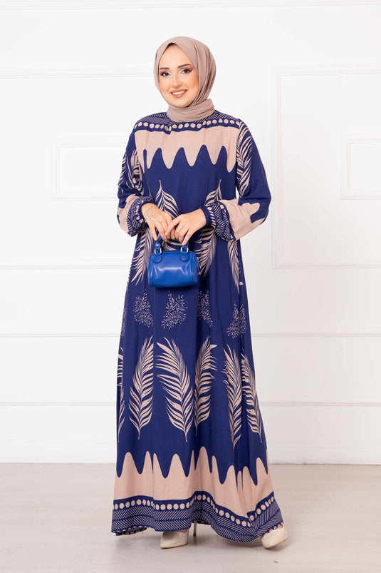 Palm Patterned Viscose Hijab Dress in Royal Blue