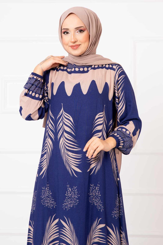 Palm Patterned Viscose Hijab Dress in Royal Blue