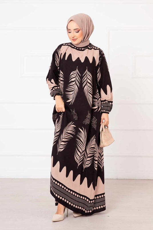 Palm Patterned Viscose Hijab Dress Black