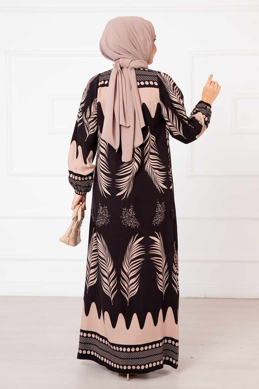 Palm Patterned Viscose Hijab Dress Black