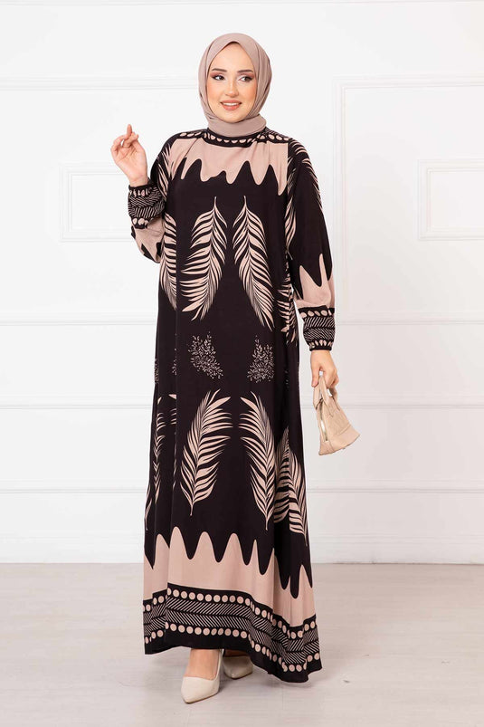 Palm Patterned Viscose Hijab Dress Black