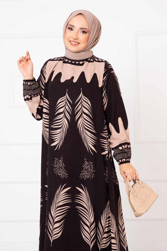 Palm Patterned Viscose Hijab Dress Black