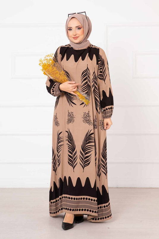 Palm Patterned Viscose Hijab Dress Mink