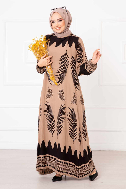 Palm Patterned Viscose Hijab Dress Mink