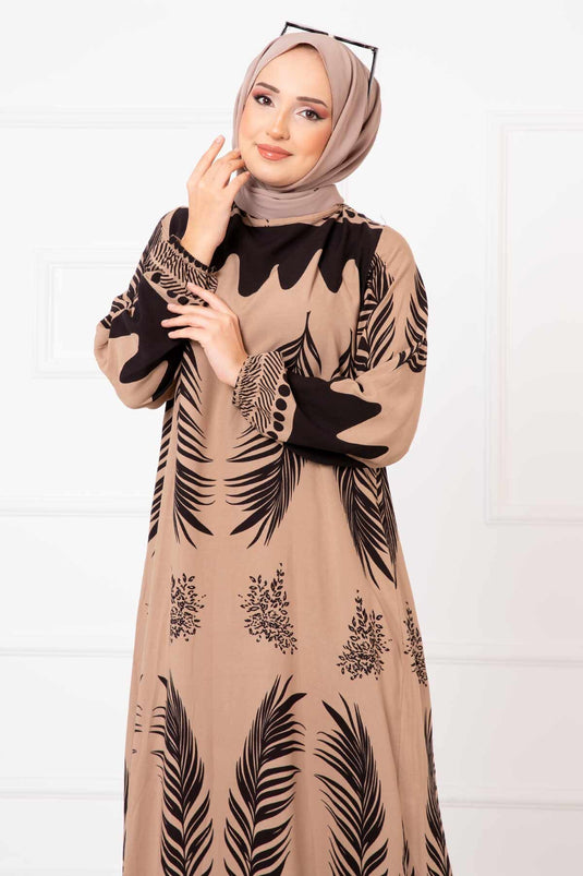 Palm Patterned Viscose Hijab Dress Mink