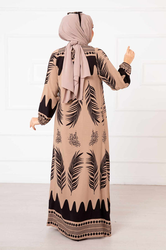 Palm Patterned Viscose Hijab Dress Mink