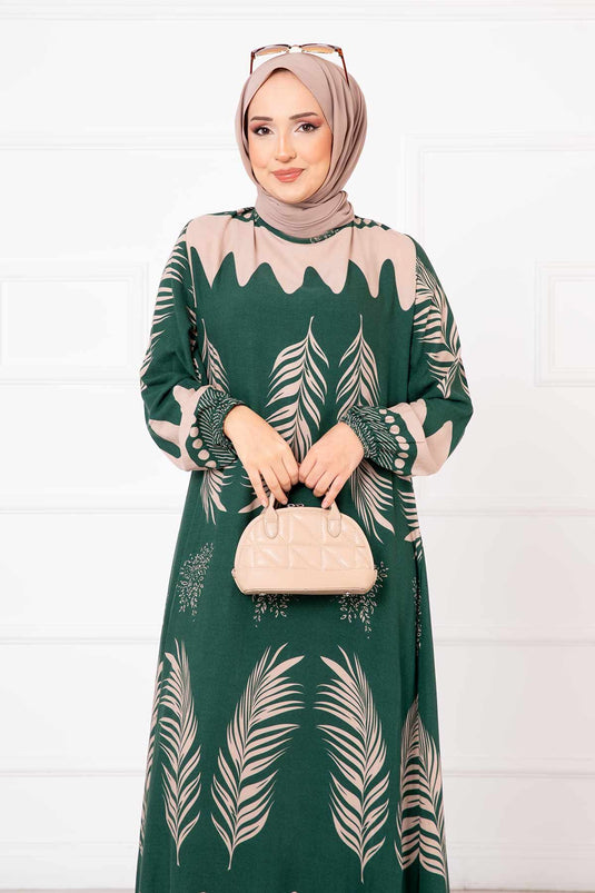 Palm Leaf Patterned Viscose Hijab Dress Emerald