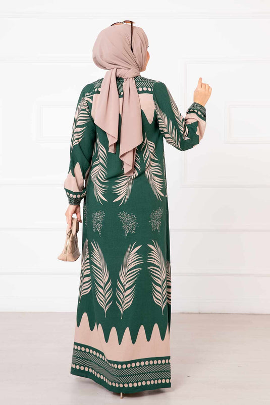 Palm Leaf Patterned Viscose Hijab Dress Emerald