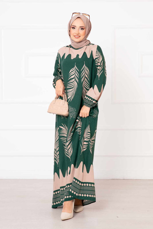 Palm Leaf Patterned Viscose Hijab Dress Emerald