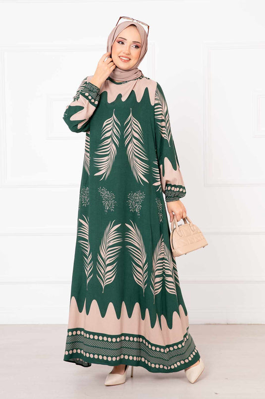 Palm Leaf Patterned Viscose Hijab Dress Emerald