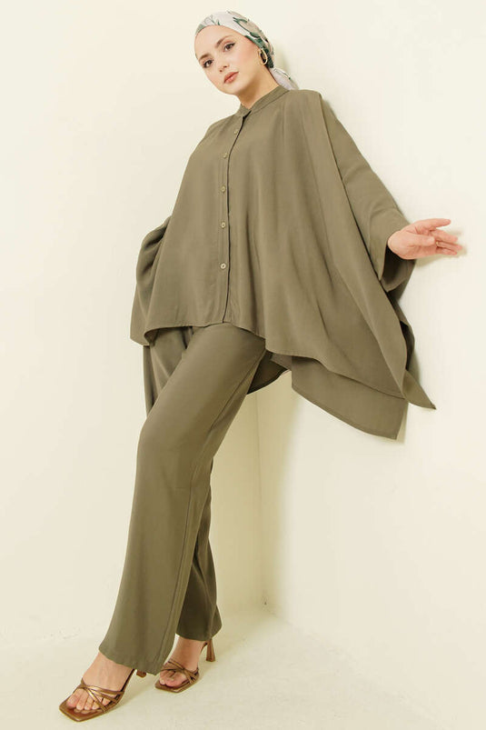 طقم بنطلون واسع من التنسل مزدوج باللون الزيتوني