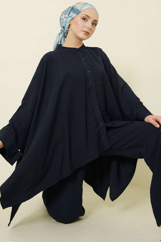 طقم ثنائي بنسل أزرق كحلي واسع بأكمام