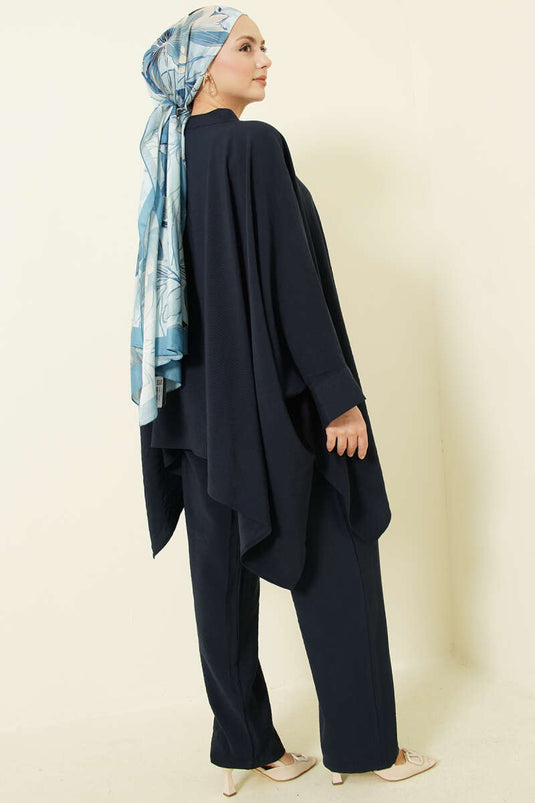 طقم ثنائي بنسل أزرق كحلي واسع بأكمام