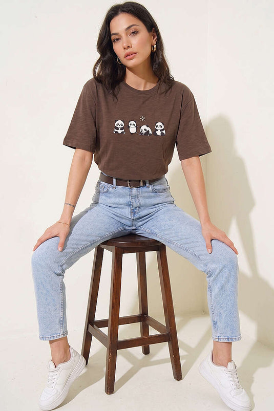 T-shirt imprimé panda marron