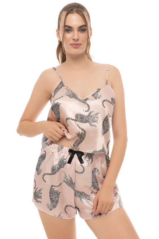 Panther Patterned Satin Pajama Set Salmon