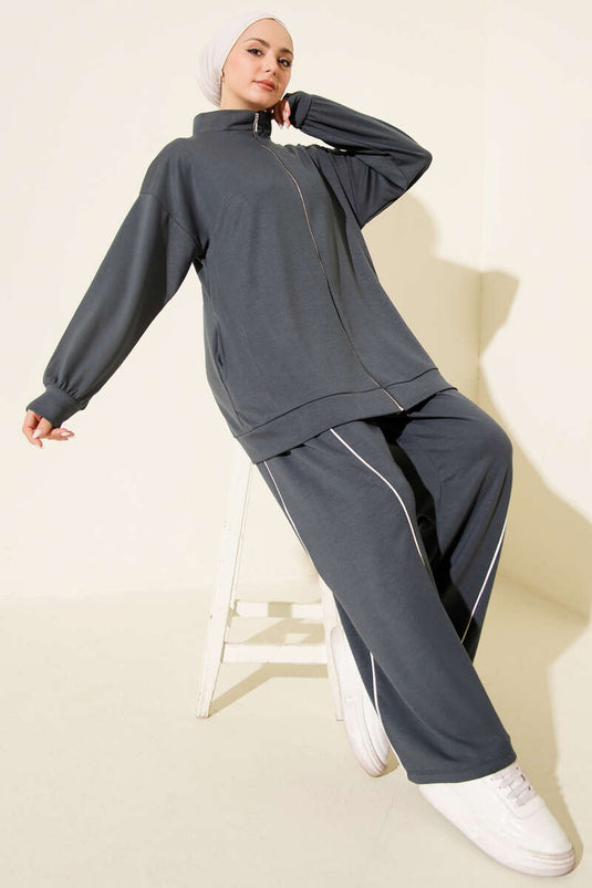 Conjunto doble de pantalón con ribete y cremallera, color humo