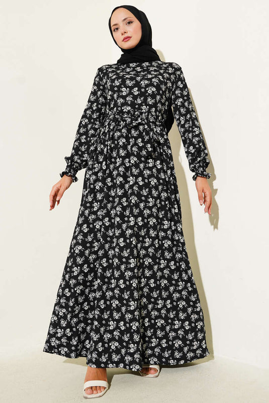 Kleid aus Crêpe mit Gänseblümchenmuster und Gürtel in Schwarz
