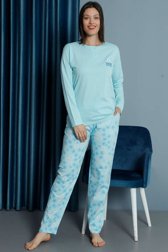 Papatya Desenli Uzun Kol Pijama Takımı Mint