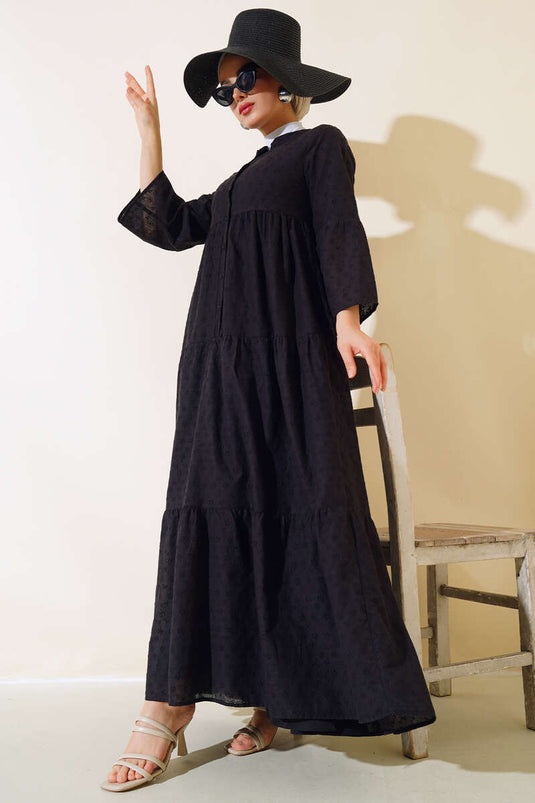 Papatya İşlemeli Elbise Siyah