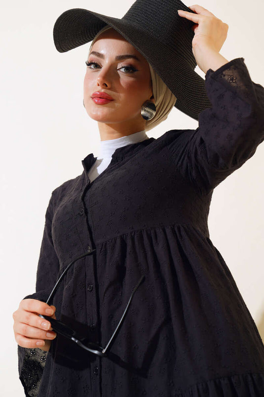 Papatya İşlemeli Elbise Siyah