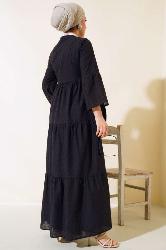 Papatya İşlemeli Elbise Siyah