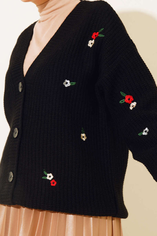 Cardigan en tricot brodé Daisy noir