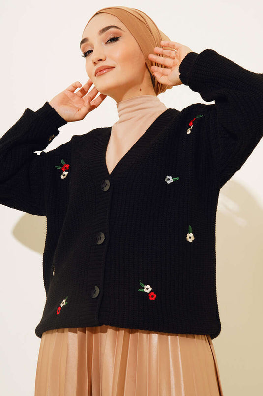 Cardigan en tricot brodé Daisy noir