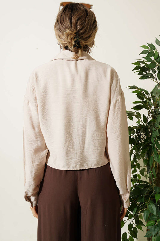 Camicia Crop a Manica Lunga con Ricamo Papatya Beige