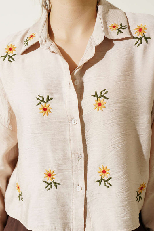 Camicia Crop a Manica Lunga con Ricamo Papatya Beige