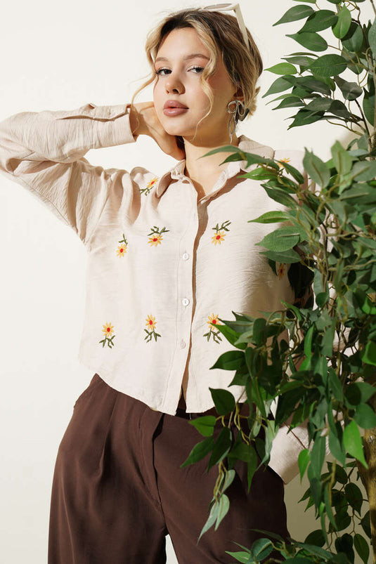 Camicia Crop a Manica Lunga con Ricamo Papatya Beige
