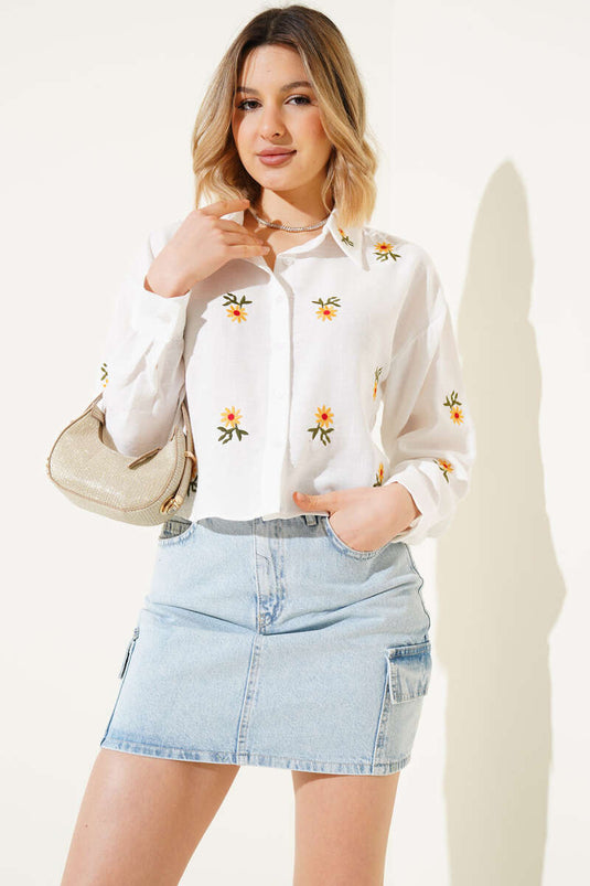Chemise courte à manches longues brodée Papatya blanche