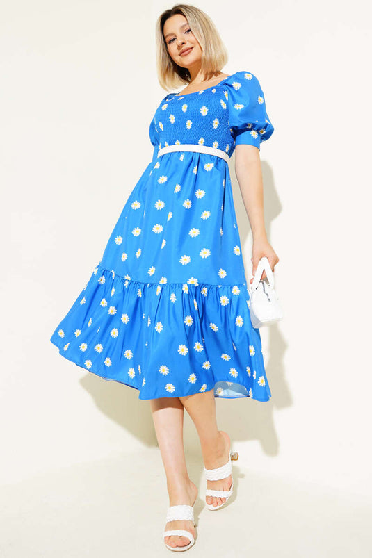 Papatyalı Gipeli Midi Elbise Mavi