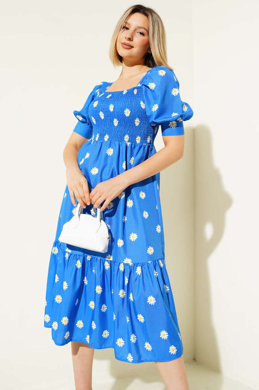Robe midi bleue à motif marguerites