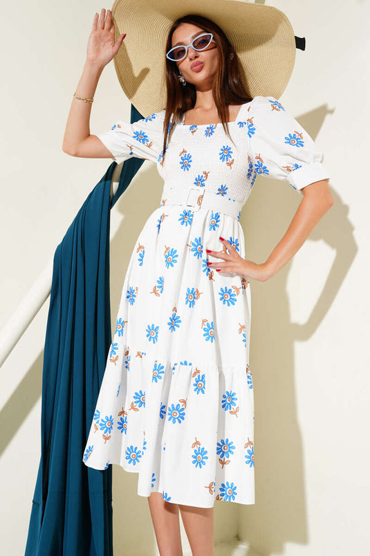 Papatyalı Gipeli Midi Elbise Saks